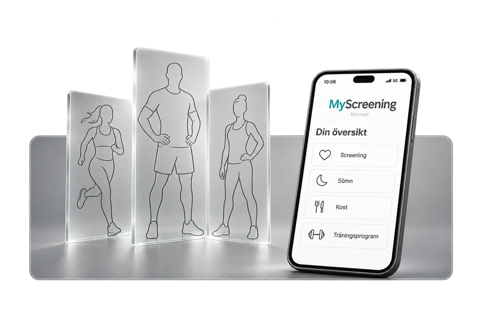 MyScreenings appkoncept med en telefon och mänskliga silhuetter i tunna glasskivor.